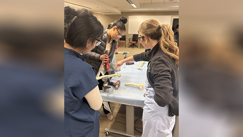 three students working on a bone